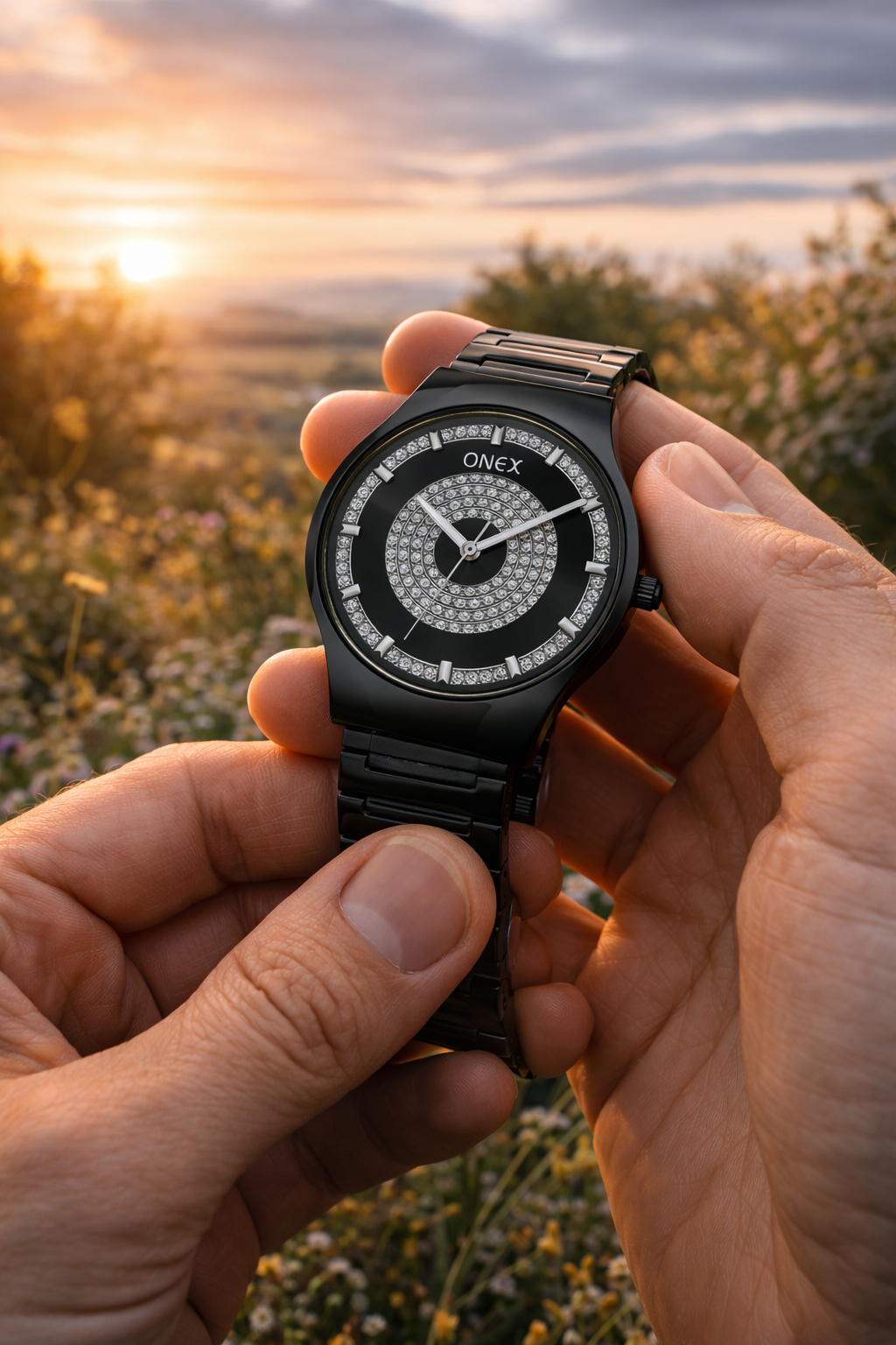 ONEX Luxury Black Dial Analog Watch with Crystal Studded Design & Black Stainless Steel Strap