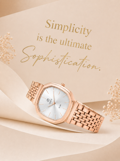 Onex Slim Rose Gold Stainless Steel Analog Watch for Women | Silver Sunray Dial | Elegant Bracelet Strap