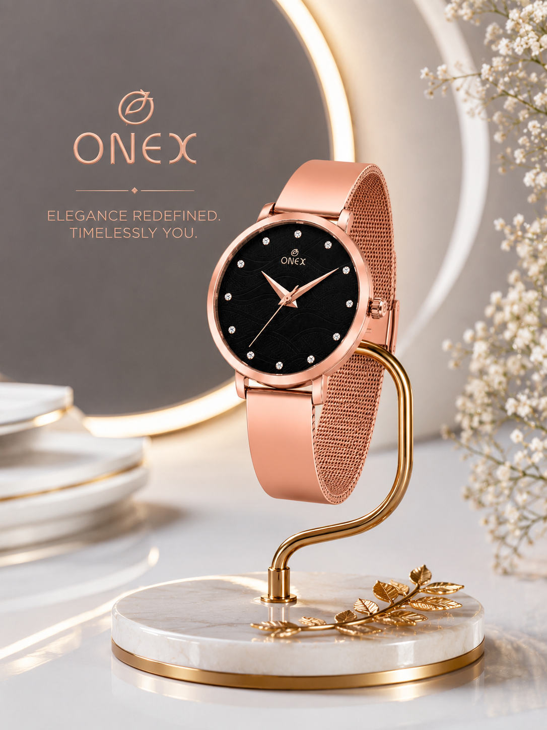 ONEX Women's Rose Gold Stainless Steel Analog Watch | Textured Black Dial with Crystal Hour Markers | Elegant Bracelet Strap | Fashion Wrist Watch for Women