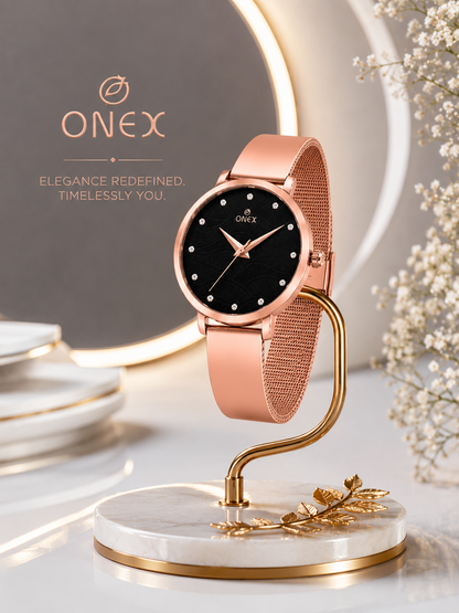 ONEX Women's Rose Gold Stainless Steel Analog Watch | Textured Black Dial with Crystal Hour Markers | Elegant Bracelet Strap | Fashion Wrist Watch for Women