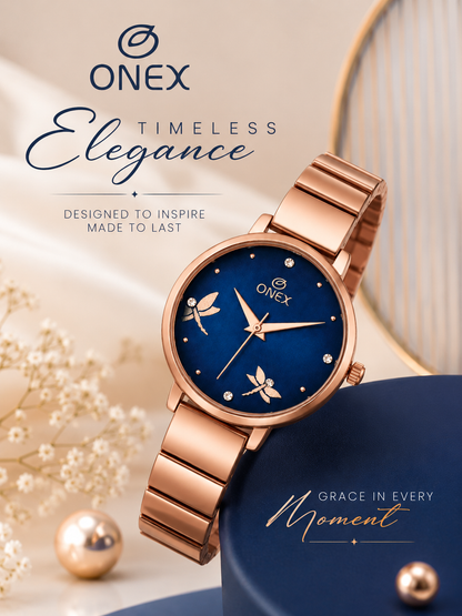 Onex Women’s Rose Gold Bracelet Watch with Crystal Markers & Dragonfly Dial