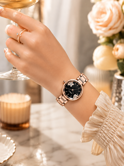ONEX Women's Rose Gold Analog Watch | Floral Sunray Black Dial | Premium Bracelet Strap | Quartz Movement | Elegant Dress Watch