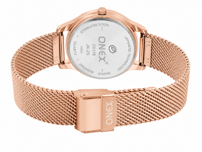 ONEX Women's Rose Gold Mesh Strap Analog Watch with Crystal Hour Markers & Elegant Floral Sunray Brown Dial
