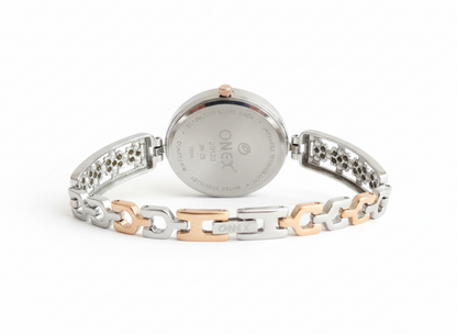 ONEX Women's Gold-Silver Floral Designer Analog Watch with Brown Dial & Crystal Bracelet | Premium Quartz Wrist Watch