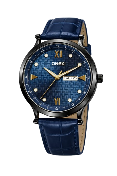 ONEX Men’s Analog Watch with Day & Date Display, Blue Textured Dial, Blue Leather Strap, Roman Index – Stylish Formal Wrist Watch for Men