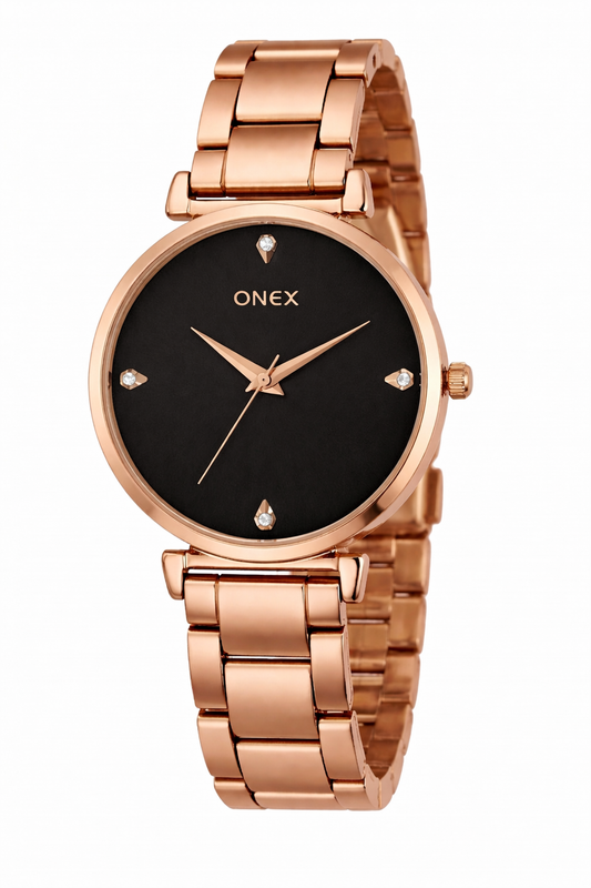 ONEX Women's Rose Gold Analog Watch | Elegant Glossy Metal Bracelet | Premium Sunray Black Dial  | Fashion Wrist Watch for Women
