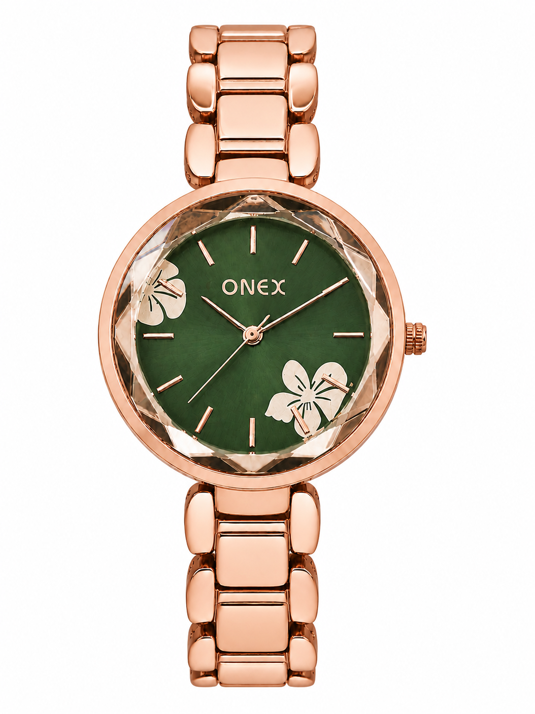 ONEX Women's Rose Gold Analog Watch | Floral Sunray Green Dial | Premium Bracelet Strap | Quartz Movement | Elegant Dress Watch