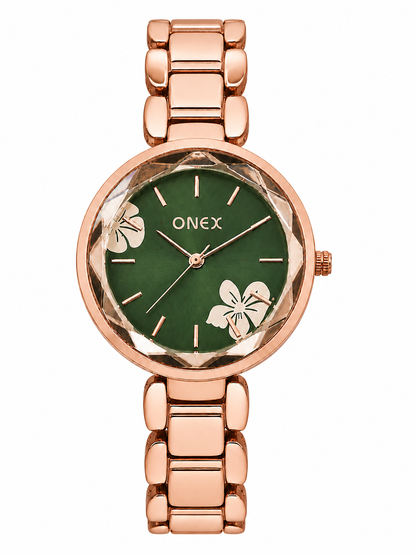 ONEX Women's Rose Gold Analog Watch | Floral Sunray Green Dial | Premium Bracelet Strap | Quartz Movement | Elegant Dress Watch