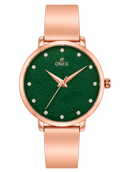 ONEX Women's Rose Gold Stainless Steel Analog Watch | Textured Green Dial with Crystal Hour Markers | Elegant Bracelet Strap | Fashion Wrist Watch for Women