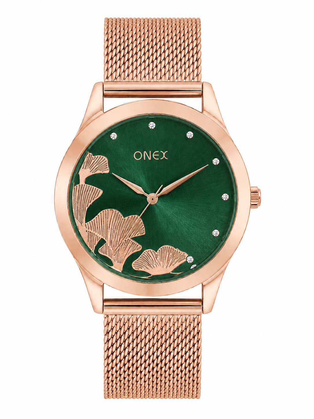 ONEX Women's Rose Gold Mesh Strap Analog Watch with Crystal Hour Markers & Elegant Floral Sunray Green Dial