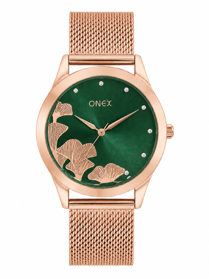 ONEX Women's Rose Gold Mesh Strap Analog Watch with Crystal Hour Markers & Elegant Floral Sunray Green Dial