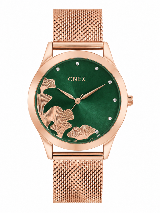 ONEX Women's Rose Gold Mesh Strap Analog Watch with Crystal Hour Markers & Elegant Floral Sunray Green Dial