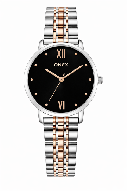 ONEX Women's Analog Wrist Watch for women | Two Tone Stainless Steel Bracelet Strap | Black Sunray Dial | Premium Casual & Formal Watch