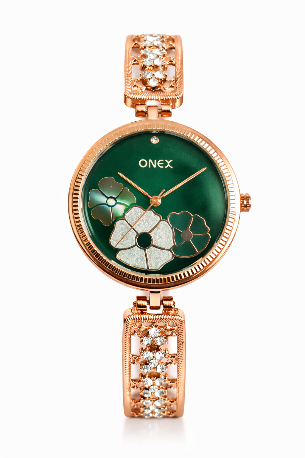 ONEX Women's Rose Gold Floral Designer Analog Watch with Green Dial & Crystal Bracelet | Premium Quartz Wrist Watch