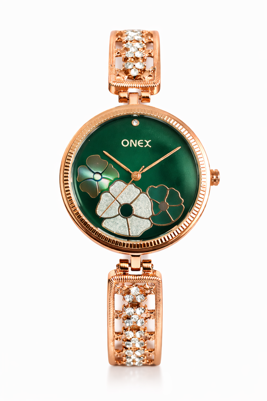ONEX Women's Rose Gold Floral Designer Analog Watch with Green Dial & Crystal Bracelet | Premium Quartz Wrist Watch