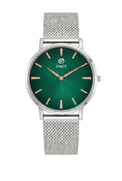 ONEX Men’s Analog Watch with Green Sunray Dial & Silver Stainless Steel Mesh Strap | Minimal Classic Design