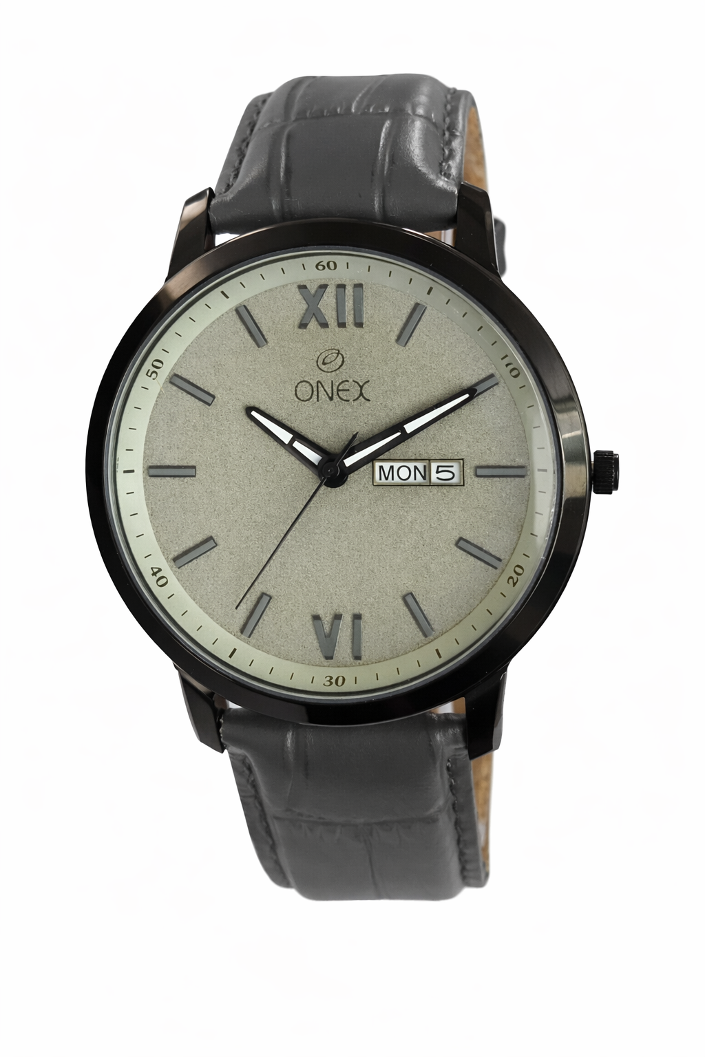 ONEX Men's Day & Date Analog Watch – Grey Dial, Black Case & Grey Leather Strap