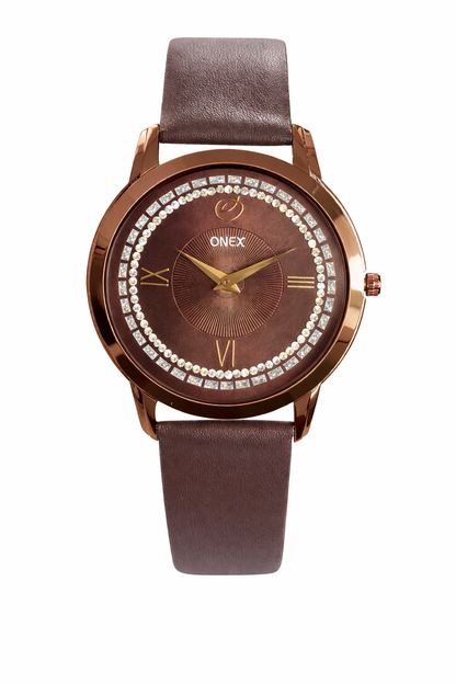 ONEX Men’s Analog Watch with Brown Dial, Crystal Studded Bezel & Brown Leather Strap – Stylish Casual & Formal Wrist Watch for Men