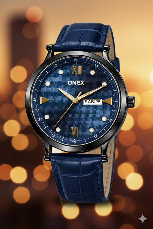 ONEX Men’s Analog Watch with Day & Date Display, Blue Textured Dial, Blue Leather Strap, Roman Index – Stylish Formal Wrist Watch for Men