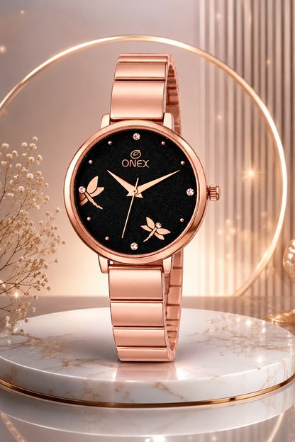 Onex Women’s Rose Gold Bracelet Watch with Crystal Markers & Dragonfly Dial