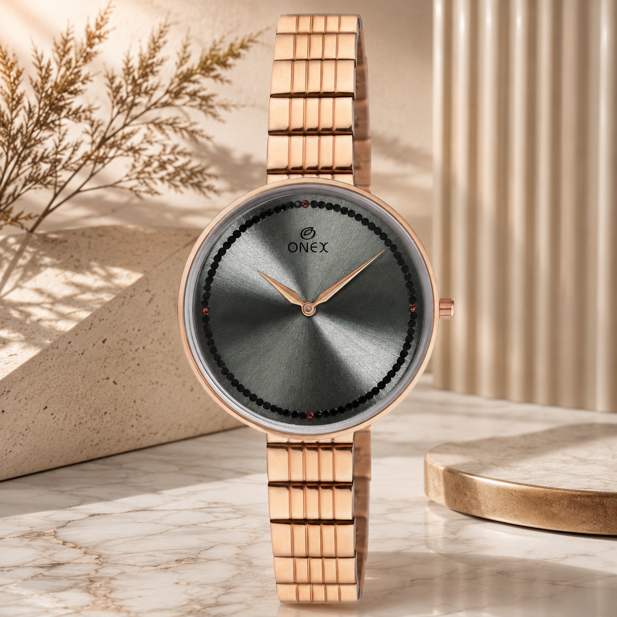 ONEX Elegant Rose Gold Women’s Watch | Grey Sunray Dial with Crystal Ring
