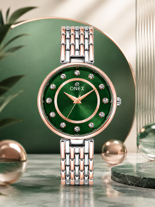 Onex Women’s Green Analog Watch with Crystal Studded Dial & Dual Tone Bracelet Strap