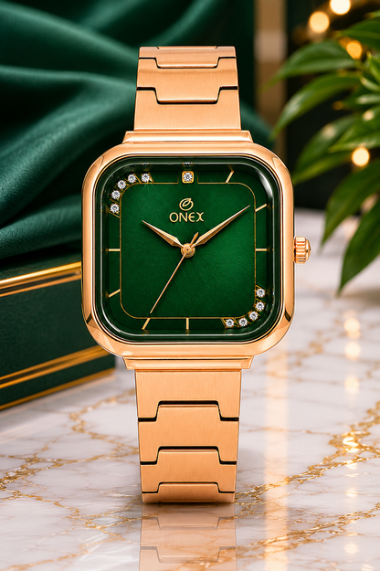 ONEX Rose Gold Square Dial Analog Watch for Women | Crystal Accent Dial | Metal Strap