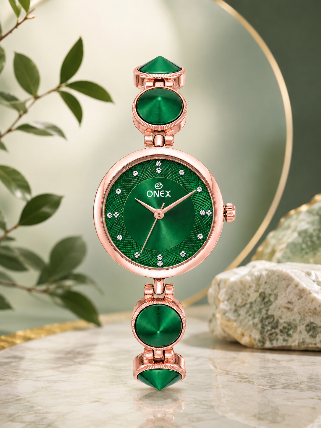 Onex Women’s Rose Gold Designer Bracelet Watch with Green Textured Dial