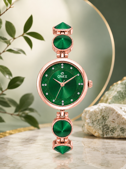 Onex Women’s Rose Gold Designer Bracelet Watch with Green Textured Dial