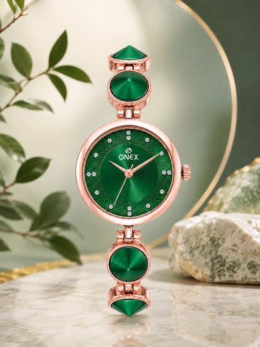 Onex Women’s Rose Gold Designer Bracelet Watch with Green Textured Dial