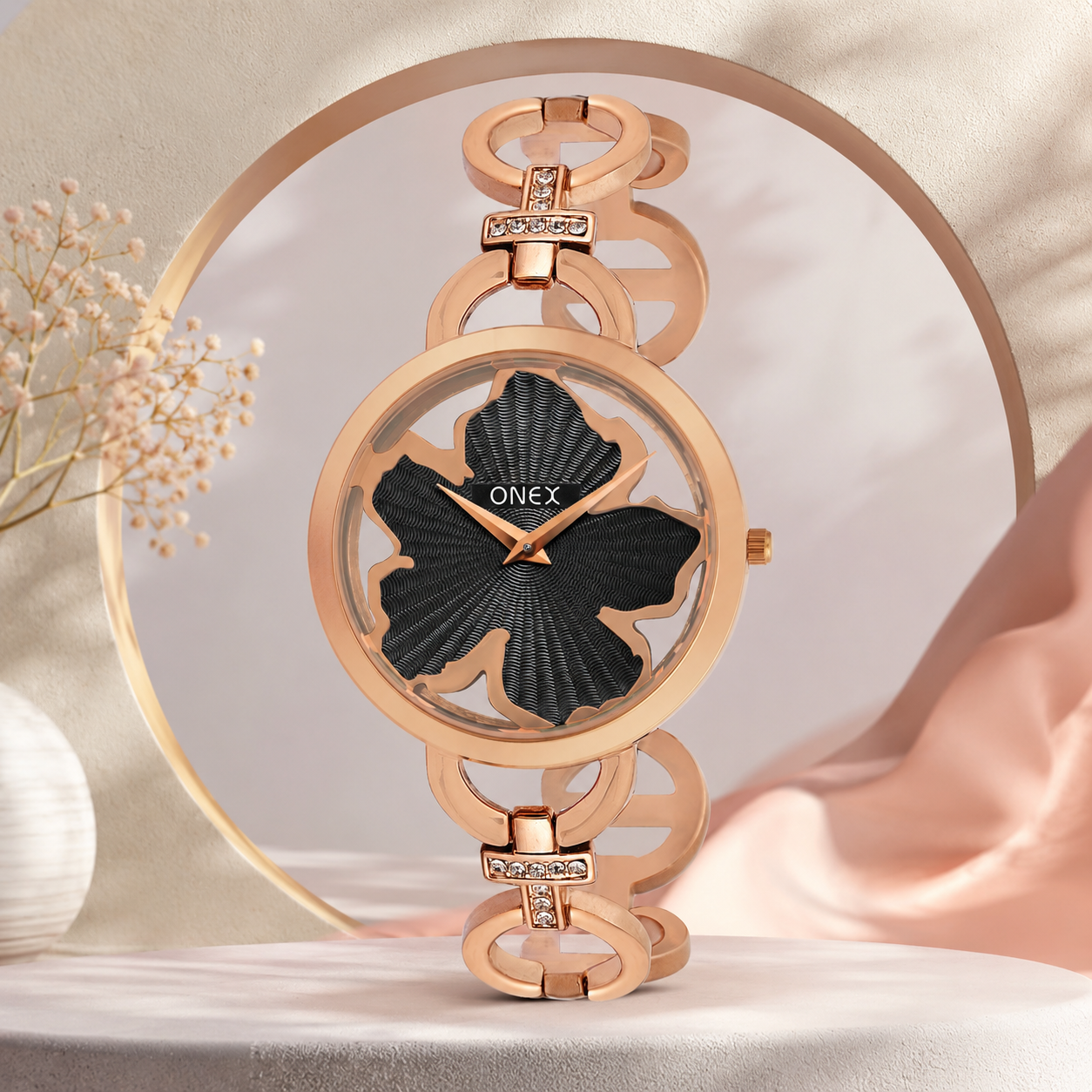 ONEX Rose Gold Women’s Bracelet Watch with Black Textured Dial & Crystal Accents