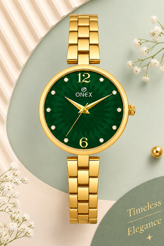 ONEX Women’s Gold-Tone Designer Bracelet Watch with Crystal Studded Dial Green