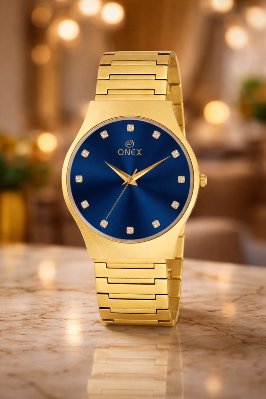 ONEX Premium Gold-Tone Analog Watch with Blue Sunray Dial & Crystal Hour Markers