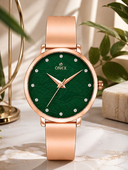 ONEX Women's Rose Gold Stainless Steel Analog Watch | Textured Green Dial with Crystal Hour Markers | Elegant Bracelet Strap | Fashion Wrist Watch for Women