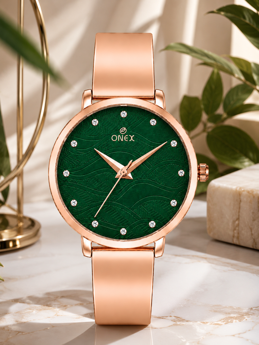 ONEX Women's Rose Gold Stainless Steel Analog Watch | Textured Green Dial with Crystal Hour Markers | Elegant Bracelet Strap | Fashion Wrist Watch for Women