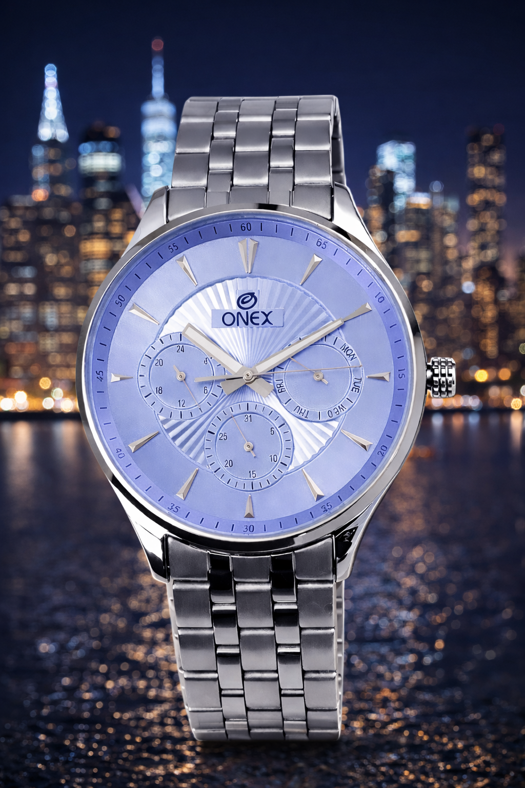 ONEX Men's Premium Multifunction Analog Watch for Men | light blue Sunray Dial | Silver Stainless Steel Bracelet | Quartz Movement | Stylish Casual & Formal Wrist Watch