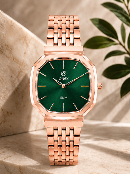 Onex Slim Rose Gold Stainless Steel Analog Watch for Women | Green Sunray Dial | Elegant Bracelet Strap