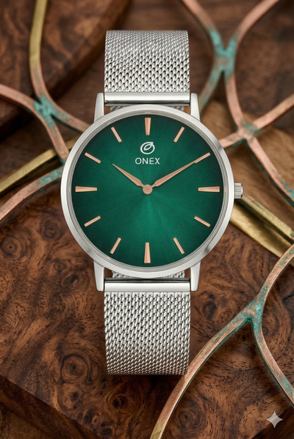 ONEX Men’s Analog Watch with Green Sunray Dial & Silver Stainless Steel Mesh Strap | Minimal Classic Design
