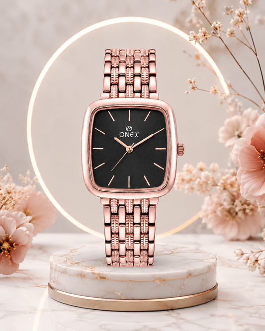 ONEX Women's Analog Rose Gold Stainless Steel Bracelet Watch | Square Black Dial | Elegant Casual & Party Wear Wrist Watch for Women