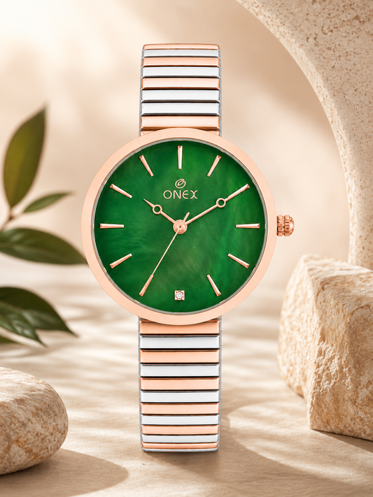 Onex Women’s Rose Gold Green Pearl Dial Slim Bracelet Watch