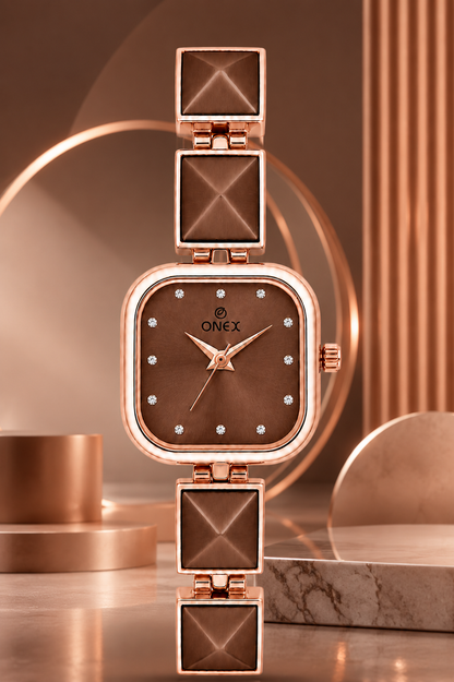 ONEX Women’s Rose Gold Square Dial Bracelet Watch with Crystal Studded Brown Dial