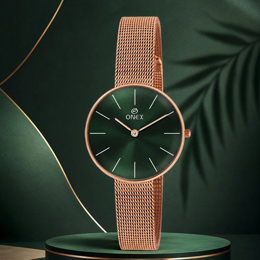 ONEX Women’s Rose Gold Analog Watch with Minimalist Dial & Mesh Metal Strap