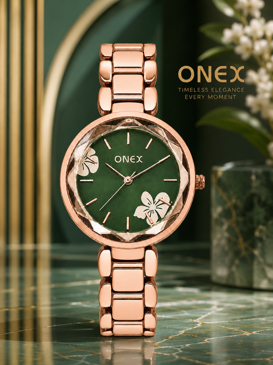 ONEX Women's Rose Gold Analog Watch | Floral Sunray Green Dial | Premium Bracelet Strap | Quartz Movement | Elegant Dress Watch