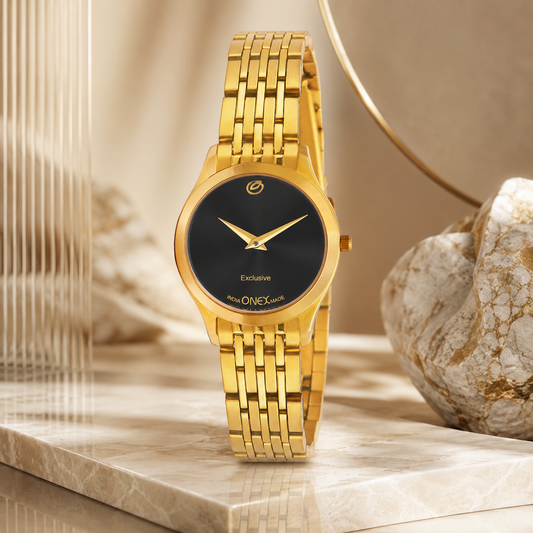 Exclusive India OneX Gold Analog Watch for Women | Premium Gold Finish Stainless Steel Strap
