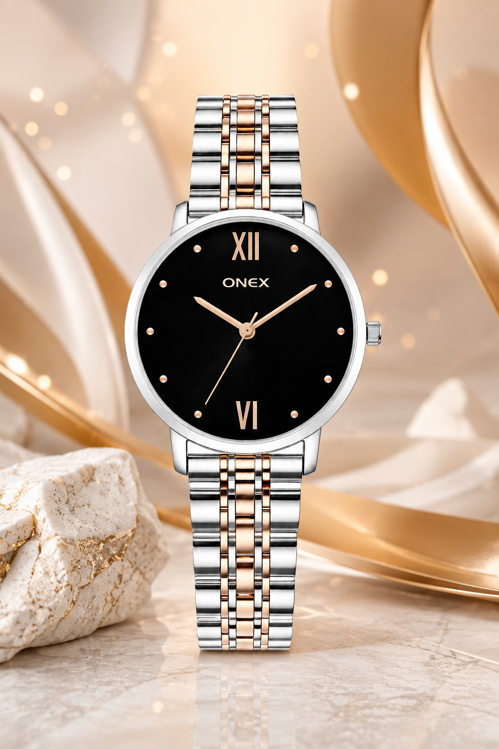 ONEX Women's Analog Wrist Watch for women | Two Tone Stainless Steel Bracelet Strap | Black Sunray Dial | Premium Casual & Formal Watch