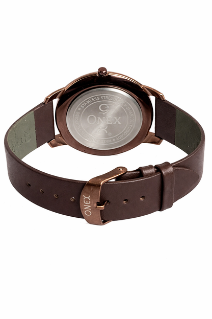 ONEX Men’s Analog Watch with Brown Dial, Crystal Studded Bezel & Brown Leather Strap – Stylish Casual & Formal Wrist Watch for Men