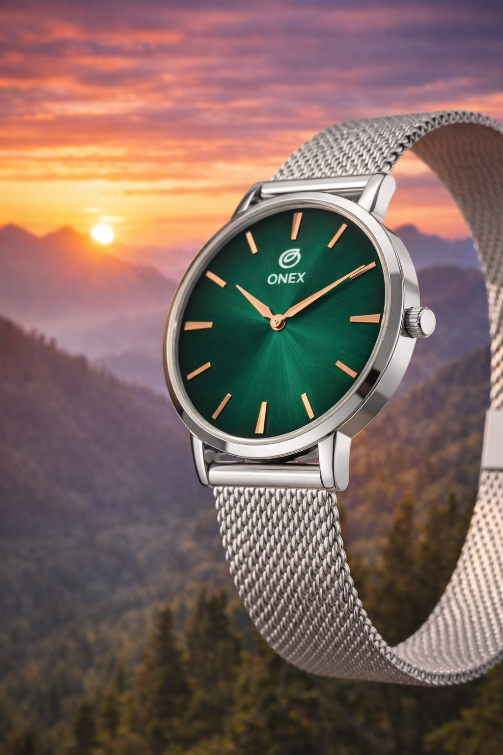 ONEX Men’s Analog Watch with Green Sunray Dial & Silver Stainless Steel Mesh Strap | Minimal Classic Design