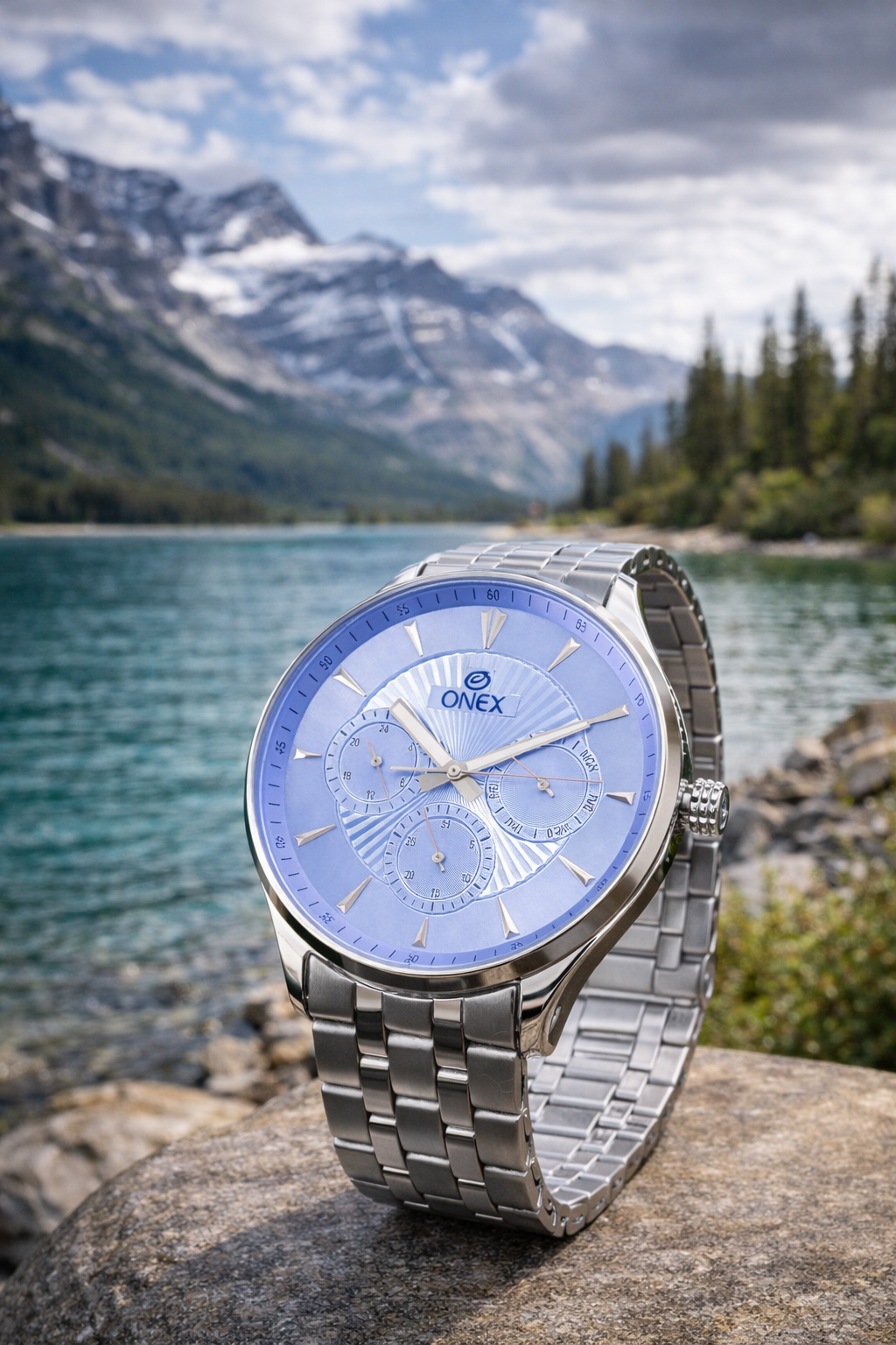ONEX Men's Premium Multifunction Analog Watch for Men | light blue Sunray Dial | Silver Stainless Steel Bracelet | Quartz Movement | Stylish Casual & Formal Wrist Watch