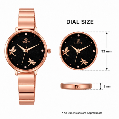 Onex Women’s Rose Gold Bracelet Watch with Crystal Markers & Dragonfly Dial