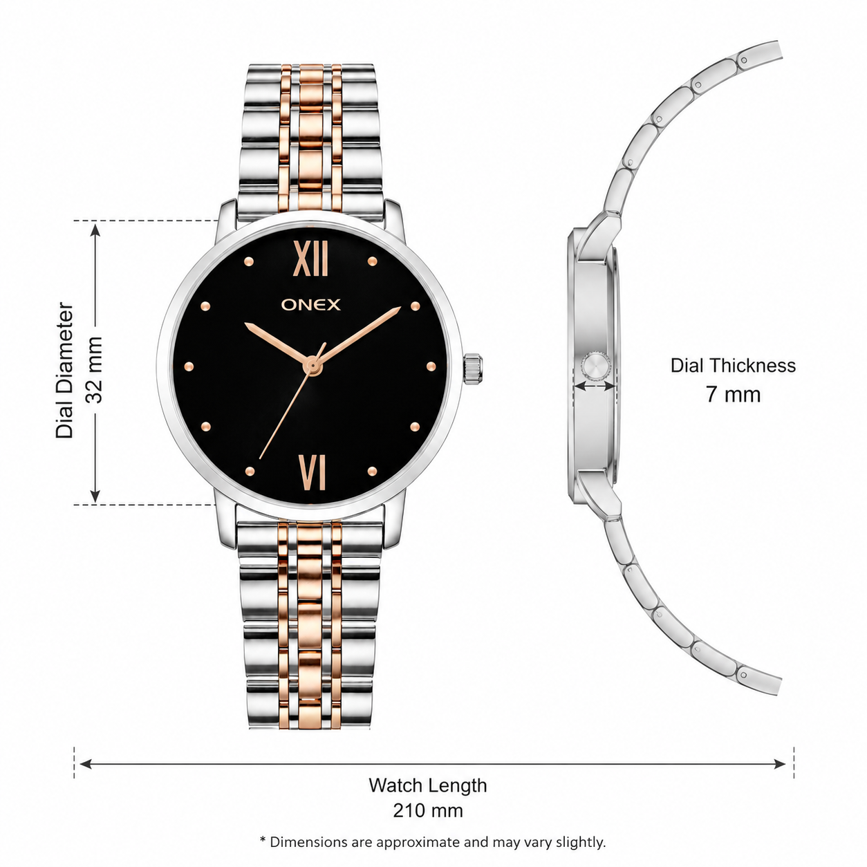 ONEX Women's Analog Wrist Watch for women | Two Tone Stainless Steel Bracelet Strap | Black Sunray Dial | Premium Casual & Formal Watch